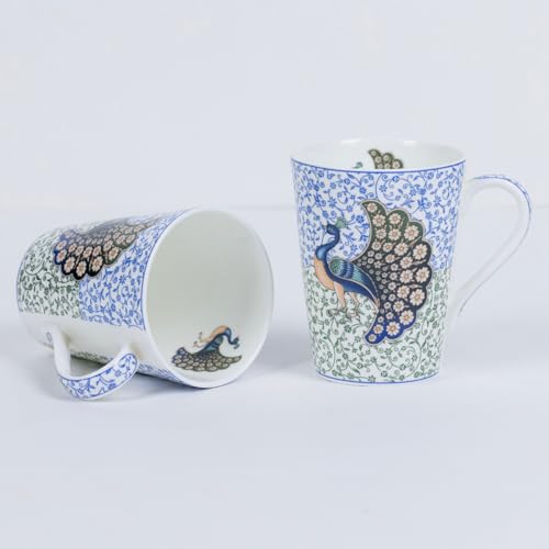 Image of GOLDEN QUEEN'S Mugs & Coaster Set of 2 for Coffee, Tea, Milk - Ideal for Your Daily Beverage Ritual, Hosting & Casual Gatherings | 300ML | Micorwave Safe - Indian Peafowl