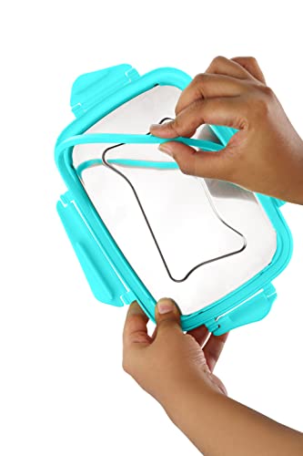Image of STEELLOCK Smart Stainless Steel Tiffin Lunch Box for Kids and Adults | Airtight & Leakproof | Rectangle Tiffin Box for School & Office with Steel Lid | Turquoise 550ml - 2pc