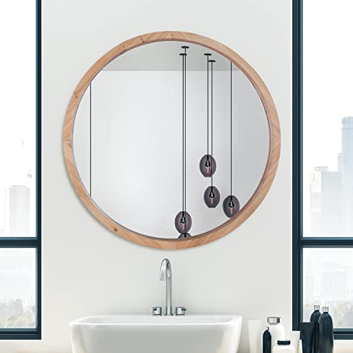 Mirrorize Round Wood Mirror 22" for Living Room Wall Decor, Decorative Wooden Circle Mirror, Bathroom Vanity Mirror, Large Farmhouse Circular Mirror for Entryway, Natural Brown - Image 2
