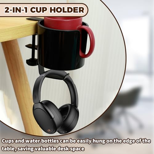 Image of 2 Pack Desk Cup Holder, 2-in-1 Anti-Spill Cup Holder Clamp with Headphone Hanger, Compatible with Most 3.74 inch Coffee Mugs, Water Cups (Black)