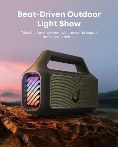 Image of Soundcore Boom 2 By Anker, Outdoor Speaker, 80W, Subwoofer, BassUp 2.0, 24H Playtime, IPX7 Waterproof, Floatable, RGB Lights, USB-C, Custom EQ, Portable for Camping and Beach - Green