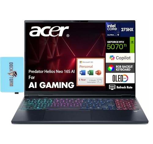 Image of acer Predator Helios Neo 16S AI AI Gaming Laptop 16.0 inch WQXGA (Intel Ultra 9-275HX, GeForce RTX 5070 Ti 12GB, 32GB DDR5, Win 11 Pro) w /MS 365 Personal, DKZ USB Port Expander