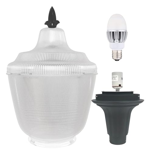 KastLite Lamp Post Top Replacement Cover with 25W 5000K Enclosed Fixture Rated LED Bulb, Finial & Cast Aluminum Fitter - Little Lindy 408 Acorn Refractor Lens - Prismatic Acrylic Outdoor Lighting