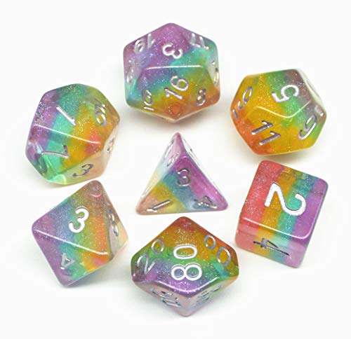 HD Dice DND Dice Set Glitter Rainbow Dice Fit Dungeons and Dragons D&D RPG Role Playing Game Pathfinder MTG Table Game Transparent Polyhedral Dice Set (Sparkly Rainbow)