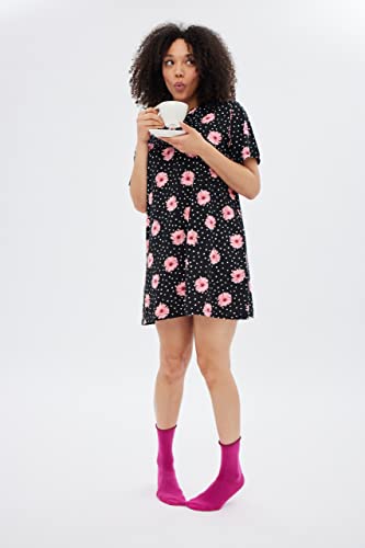 Hue Women’s Sleep And Lounge Pajama Separates, Special 20Th Anniversary Collection, Black Dot & Daisy - Sleep Or Lounge Dress , 1X #TOP2