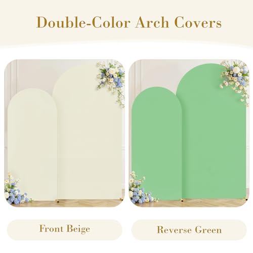 Image of Beige and Sage Green Arch Backdrop Cover Set of 2-7.2 and 6ft Spandex Wedding Arch Covers Stretchy Backdrop for Baby Shower Bridal Shower Birthday Party Photo Balloon Arch Stand Cover