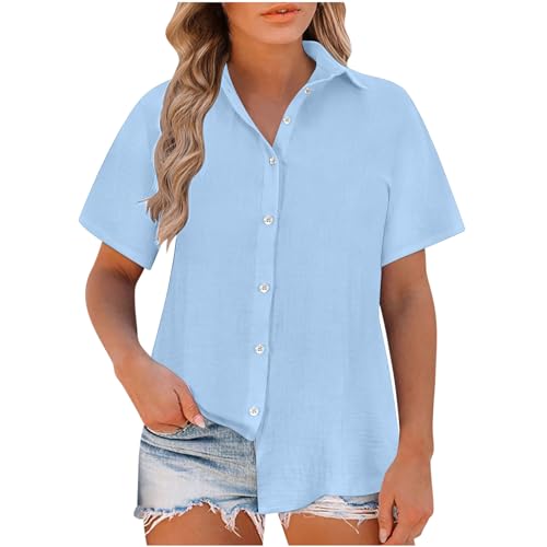 HAOLEI Ladies Linen Tops 2026 - Womens Cotton Linen T-Shirt UK Elegant Tee Shirts Button Down Summer Lapel Short Sleeve Casual Smart Office Work Tunic Tops Collared Blouses Plus Size 8-22 Light Blue