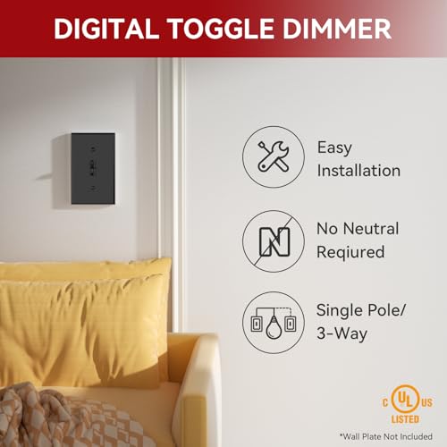 Image of AIDA Toggle Slide Dimmer Switch for Dimmable LED Light /CFL /Incandescent 600 Watt max, Single-Pole or 3-Way, Rocker On /Off Wall Switch with Dimmer Slider, Wall Plate NOT Included, UL, Black, 1 Pack