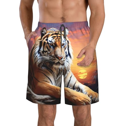 Men's Swim Trunks Quick Dry Board Shorts Mens Bathing Suit Swimsuits Tiger Colorful Sunset Beach Shorts with Pockets