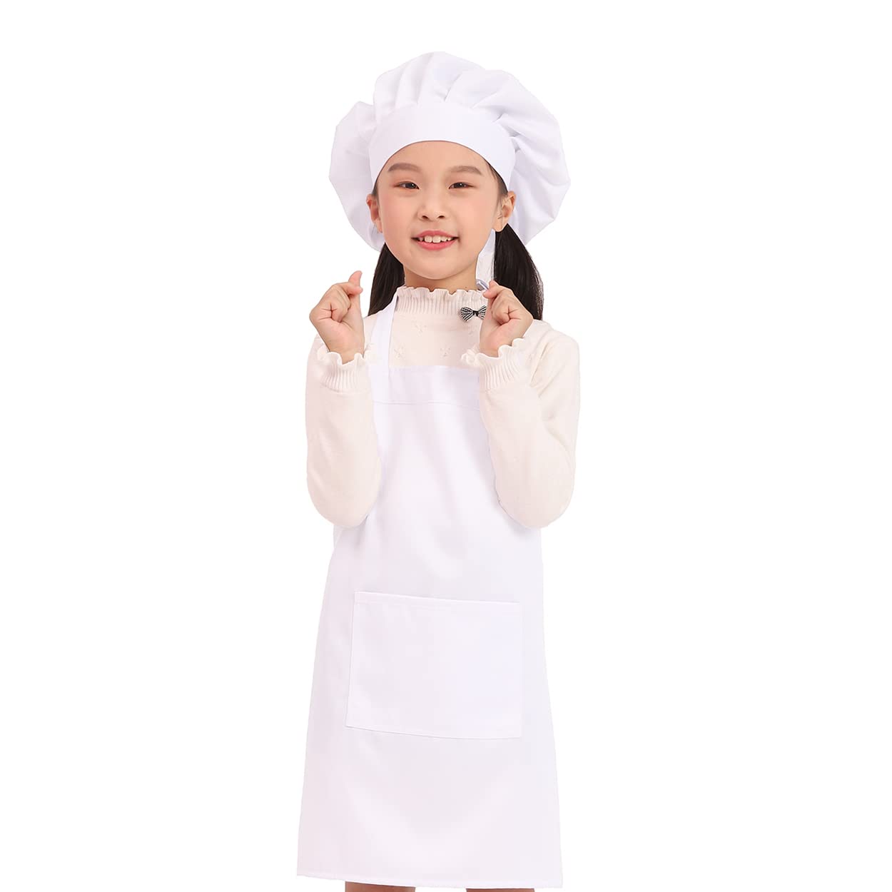 BIGHAS Kids Apron with Pockets Chef Hat Adjustable Neck Strap Velcro Design Waistband for Baking, Painting, Cooking ((3'11"-4'7") M, White)