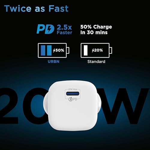 Image of URBN 20W USB-C iPhone Charger | Ultra-Fast Type C Power Delivery PD Adapter with GaN Technology | for iPhone 17 /16 /15 /14 /13 Pro Max, Mini, Samsung Galaxy, Google Pixel, iPad & More (White)