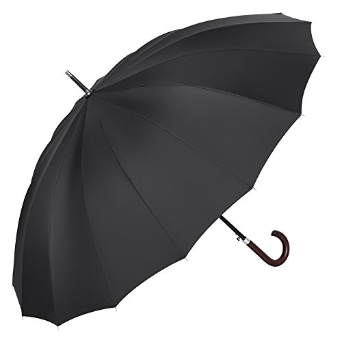 Plemo Parapluie Canne Noir 16 Baleines Résistant Au Vent et Imperméable, Ouverture Automatique avec Poignée en Bois, Grande Taille 47.2''/120 cm Diamètre pour 2-3 Gens ZB27-B