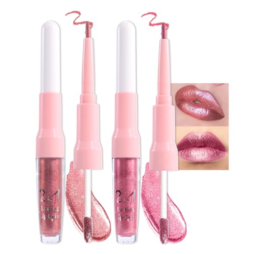 Image of evpct 2Pcs Pink Red Hot Pink Metallic Glitter Lip Liner and Lipstick Combo, Shimmery Lip Gloss Stain Set Makeup for Women Long Lasting Waterproof 24, Metallic Shimmer Iridescent Glossy Liquid Lipstick