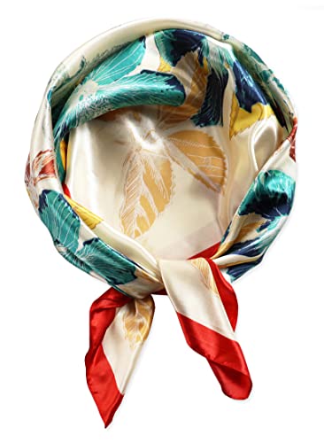 Vabovin 35'' Silk Feeling Hair Scarf, Satin Square Head Scarves, Neckerchief For Women Fashion (Green Flowers Beige Background) #TOP15