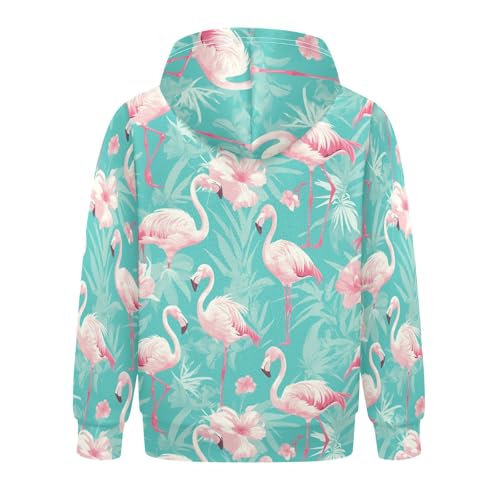 KLL Pink Flamingo Pattern on Green Background Boys And Girls Sweatshirt Long Sleeve Hoodie with Kangaroo Pocket2