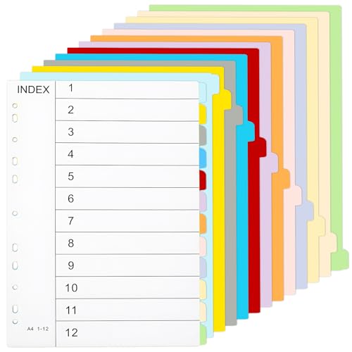 JRJRN 5er Register für Ordner A4, Ordner Trennblätter Bunt, 12 Teilig Ordnerregister, 11 Löcher Ordner-Register für Schule, Zuhause, Arbeit, Büro, Organisation