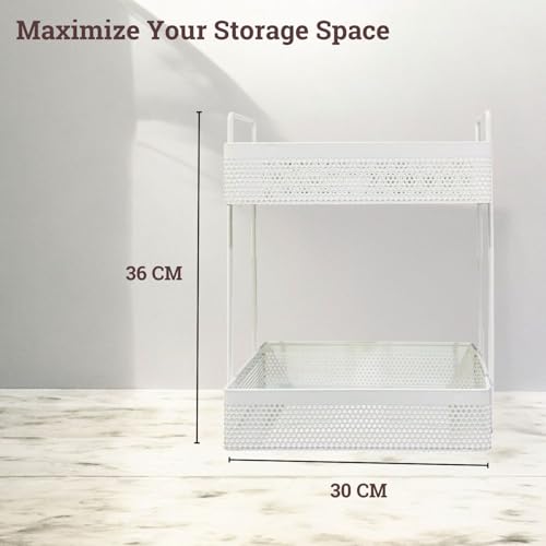 Image of Amazon Brand - Umi Metal Standing Rack 2-Tier Countertop Organizer for Bathroom, Dressing Table & Desk | Powder Coated Rust-Resist Iron | Freestanding Space-Saving Shelf (White)