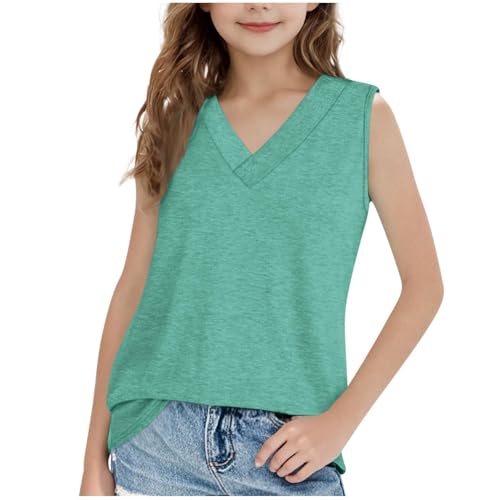 Girls V Neck T-Shirts Plain Sleeveless Loose Tee Tops Solid Color Lightweight Breathable Soft Summer Casual Clothes