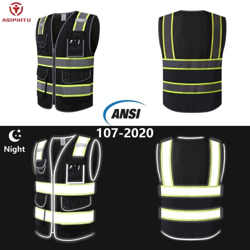 Asiphitu Black Safety Vest Mesh High Visibility Reflective Vest For Men Women With 9 Pockets And Zipper Hi Vis Construction Vest, Meets Ansi/Isea Class 1, (E1-Black-L) #TOP4