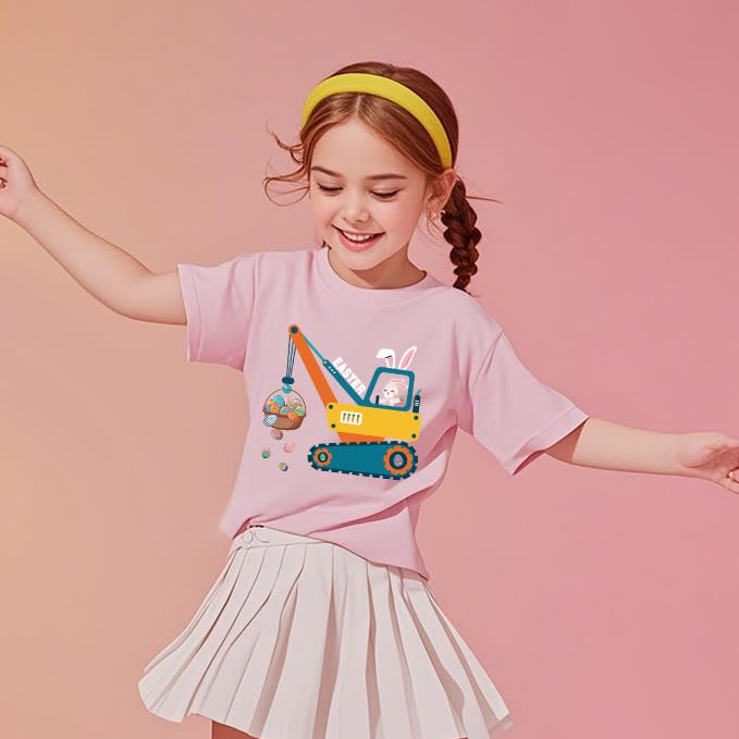 Image of CM-Kid Toddlers Happy Easter Shirts Girls Cotton Short Sleeve T-Shirt Children's Eggs Hunt Tees Kids Tees Pink Clothes 1-7 T