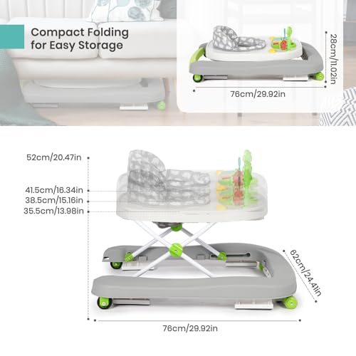 Hadibio Baby Walker, 2 in 1 Foldable Height Adjustable Walker with Music and Lights, Converts to Baby Push Along Walker and Kids Feeding Seat with Removable Play Tray, Suitable for 6 Months+, Grey - Image 3
