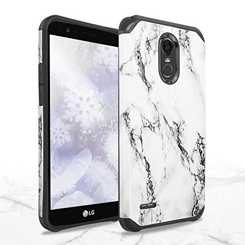 TJS LG Stylo 3 / LG Stylo 3 Plus Case, Dual Layer Hybrid Shockproof Drop Protection Impact Rugged Marble Case Armor Cover (White)