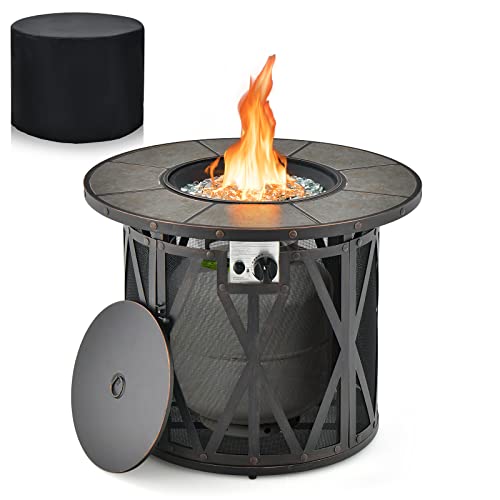 Tangkula 32 Inch Patio Round Fire Pit Table Patiojoy 30 000 BTU Propane Gas Fire Table with Fire Glasses & PVC Cover Ceramic Tile Tabletop Outdoor Fire Table for Backyard Poolside