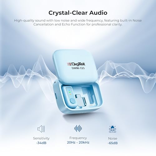 Image of Digitek (DWM 123 2-in-1 Wireless Microphone System with Charging Case & Magnetic Collar Clip, Type-C Receiver for iPhone 15 & Above, Android Phones, 60m Range, Build in Microphone