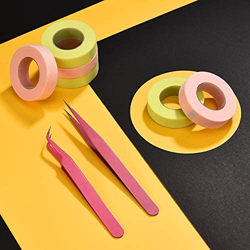 12 Rolls Eyelash Extension Tape Eyelash Tape Adhesive Breathable Fabric Tape for Lash Extension 0.5 Inch 10 Yards with 2 Pieces Pointed and Curved Tweezers (Green and Pink Tape, Pink Tweezer)