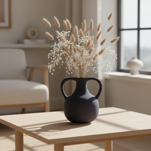 Image of PUREZENTO Unique 'Twin Beely' Vase Black Ceramic Donut Vase 5 Inch - Pack of 1 | Decorative Vases for Dried Flowers & Pampas Grass, Modern Home Decor, Living Room & Office Decor Ideas