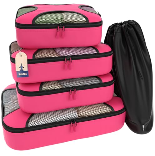 Shacke Premium 5 Packing Cubes Set - Lightweight Mesh Travel Luggage Organizers with Laundry Bag, 5-Piece Suitcase Storage System (Precious Pink)
