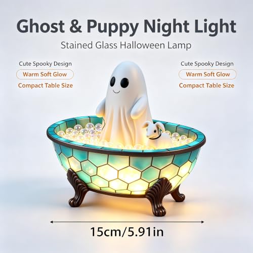 MRzuobiao Halloween Ghost Bubble Bath Lamp, Cute Ghost Bathtub Night Light with Puppy, Spooky Ghosts-Themed Resin Lamp for Halloween Bathroom Decor, Ghosts Nightlight for Indoor Desk Shelf Home Party - Image 8