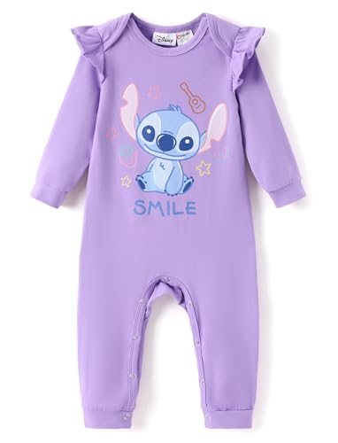Image of Disney Stitch Princess Cinderella Ariel Minnie Winnie Baby Girls Ruffle Long Sleeve Romper Bodysuit for Newborn to Toddler