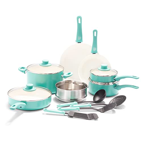 GreenLife Soft Grip 15 Piece Ceramic Non-Stick Induction Cookware Set, Turquoise GreenLife Soft Grip 15 Piece Ceramic Non-Stick Induction Cookware Set, Turquoise