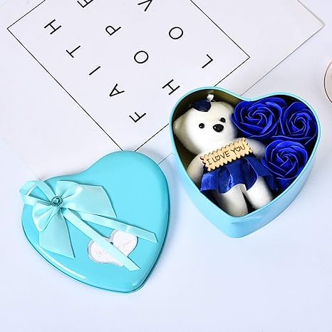 The Overa Craft Teddy and Roses Valentine Day Best Love Gift for Girlfriend Heart Shape and Rose Soap Flower Petals with Box & Soft Teddy Bear (12 cm Lenght of Box) (Metal, Light Blue)-picture-10