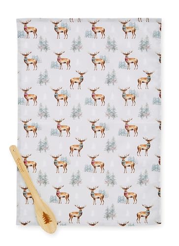 Cooksmart British Designed Christmas Tea Towel & Spoon Set| Christmas Towels & Spoon For The Festive Season | Christmas Tea Towel With Spoon For All Types Of Kitchens - Christmas Stag
