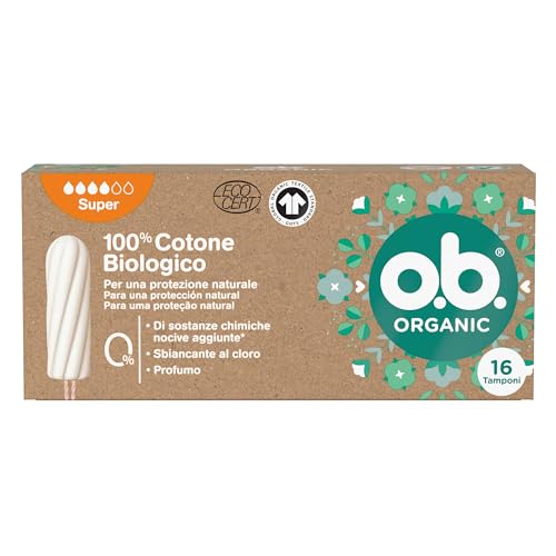 o.b. Assorbenti Interni Organic Super 100% Cotone Biologico, Assorbenti cotone certificato facili da applicare e rimuovere, Tamponi interni per flusso molto abbondante, 1 confezione da 16 tamponi