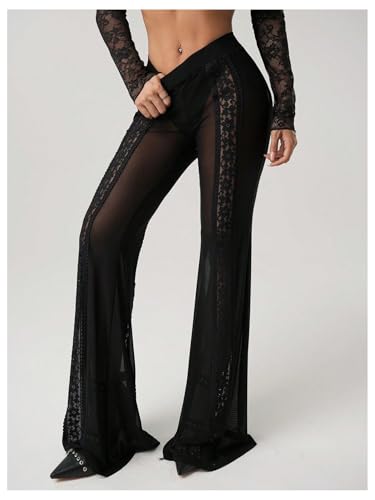 GORGLITTER Women's Floral Lace Bell Bottom Pants Sheer Mesh Boho Goth Flare Leg Sexy Long Pants Leggings2