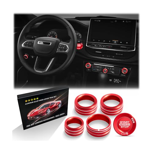 Polodunn for Jeep Compass Accessories 2022 2023 2024 2025 2026 Interior Upgrade Aluminum Alloy Knob Cover Kit (Red 6-Piece/Set) - A/C Volume Dial Headlight Switch & Push Start Button
