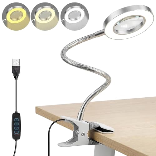Magnifying Glass with Light and Stand 10X Magnifiers Lamp with Clamp 3 Modes Magnifying Glasses for Hobbies Craft Reading (Silver)