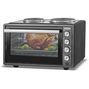 ICQN 42 liter mini-oven met kookplaten | 3800 W | Circulerende lucht | Pizzaoven | Dubbele beglazing | Braadspit | Inclusief bakplaten set | Elektrische mini-oven | 40 ° -230 ° C | Geëmailleerd | zwart
