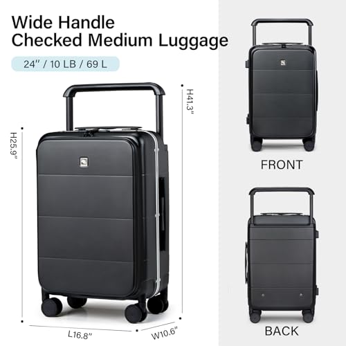 Image of Hanke Top Opening 24 Inch Luggage with Spinner Wheels, Aluminum Frame All-PC Hard Shell Medium Suitcase, Trunk Wide Handle Luggage for Travel, TSA Checked-Medium (Jet Black, 69L)
