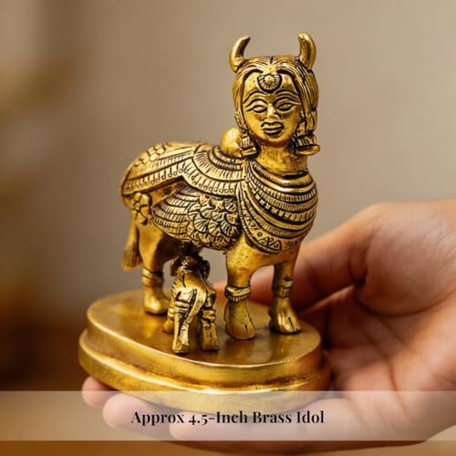 Image of Plus Value Nandi Kamdhenu Cow with Calf Idol Brass Statue Maha Vastu Remedies Product for Home Temple Decor Showpiece (3.5 x 4 Inches, Gold)