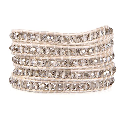 KELITCH New Gray Crystal Beaded 5 Wrap Bracelet On Leather Friendship Bracelets Jewelry for Womens2