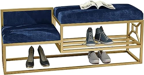 Banco de zapatos de entrada azul oscuro con 2 cómodos asientos, almacenamiento de metal para pasillo, guardarropa y final de cama, elegante solución de decoración del hogar