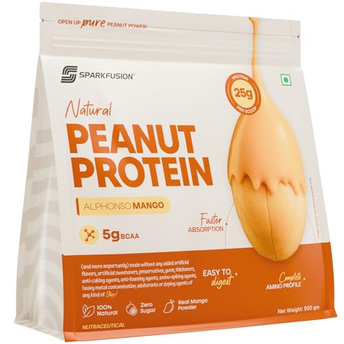 Image of SparkFusion Natural Peanut Protein Isolate - Flavor - 25g Protein, 5g BCAA, Zero Sugar, Gut-Friendly, Vegan, Lab-Tested, No Artificial Additives (500 g (Pack of 1), Alphonso Mango)