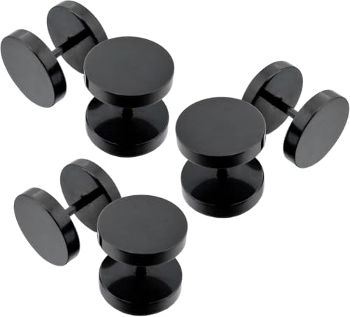 Lot de 3 Paires 10mm Boucles d’Oreilles Noir Barbell Haltère Vis Piercing Clou à Visser Jeu de Goujon Plug Bouchon Faux Ecarteur Ronde Hypoallergénique fake tunnel...