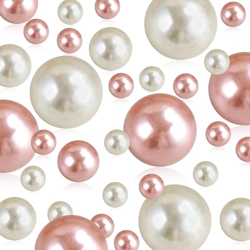 100 Pcs Beads Pearls Vase Fillers, No Hole Faux Pearl for Centerpieces Vase Fillers, Party Wedding Home Makeup Table Decor (Cream+Rose Gold 8/14/20mm)