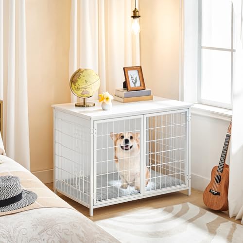 MAHANCRIS Hundekäfig Möbel, 80 cm Hundebox mit Kissen, 2 Tür, Doppeltür, Holzwerkstoff, für Kleine/Mittelgroße/Große Hunde, 80 x 55 x 65 cm, Hundekäfig für Zuhause, Weiß ADCBW0701