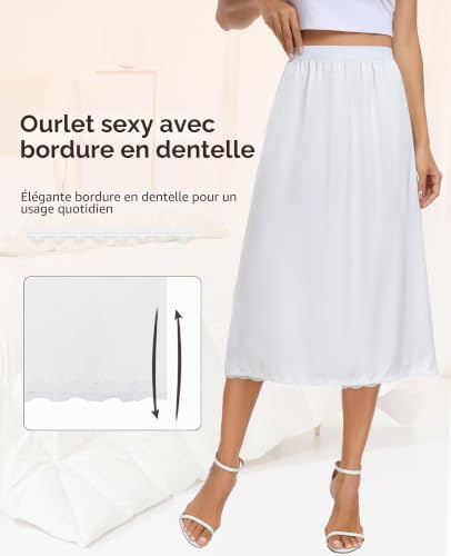 Vlazom Jupon Femme Longue Fond de Jupe Femmes Léger Jupe sous Robe Taille élastique Confortable,Blanc,S – vue 3